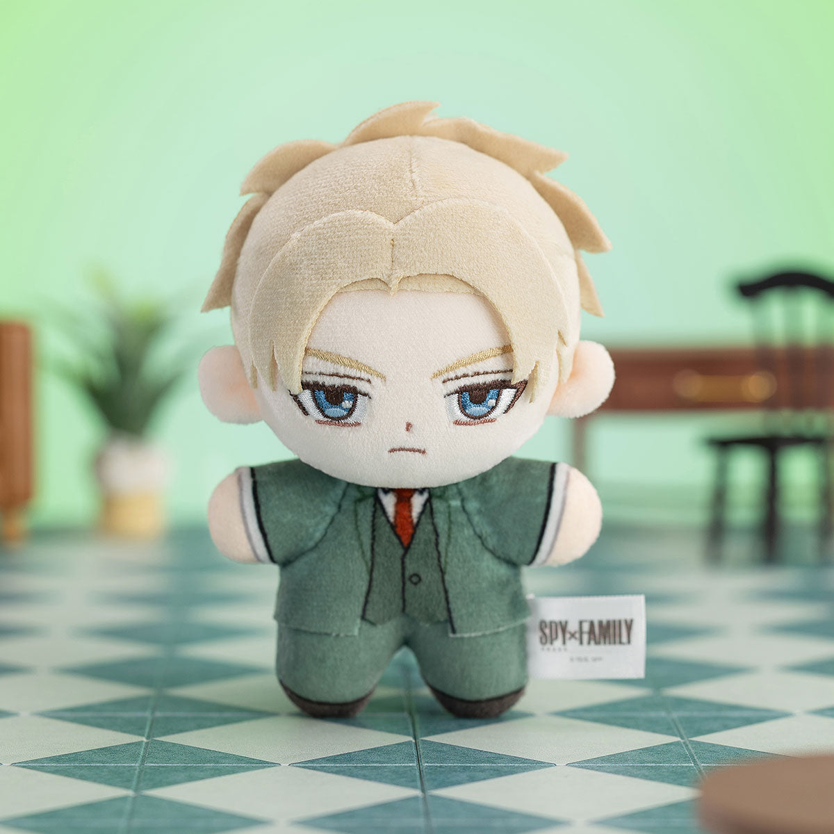 SPY × FAMILY Character Series Plush Blind Box: Chibi Loid Forger plush in green suit, red tie, standing on tiles, preorder available at Strangecat Toys.