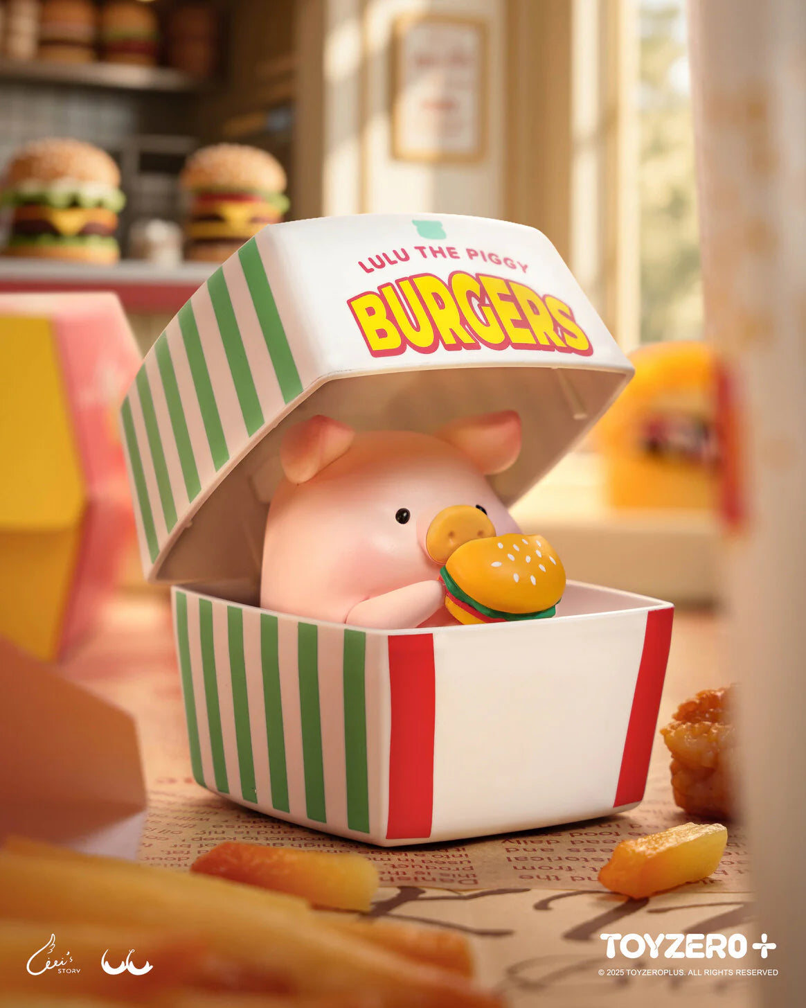 Lulu the Piggy figurine in a burger box, holding a toy cheeseburger, from the Burger Express Movable Series by ToyZero+.