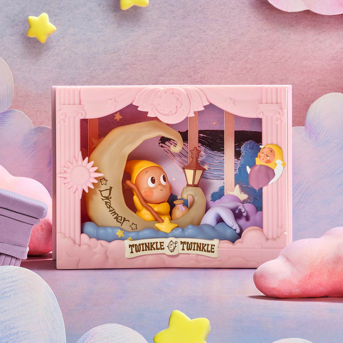 Twinkle Twinkle Light Up Series Scene Sets - Preorder; features a diorama with a yellow-cloaked figure on a crescent moon, lantern, and dreamy elements.