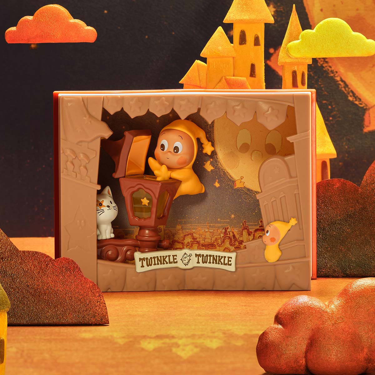 Twinkle Twinkle Light Up Series Scene Set featuring a character on a street lamp with a cat, set in a starry diorama. Preorder for November 2025 shipping.