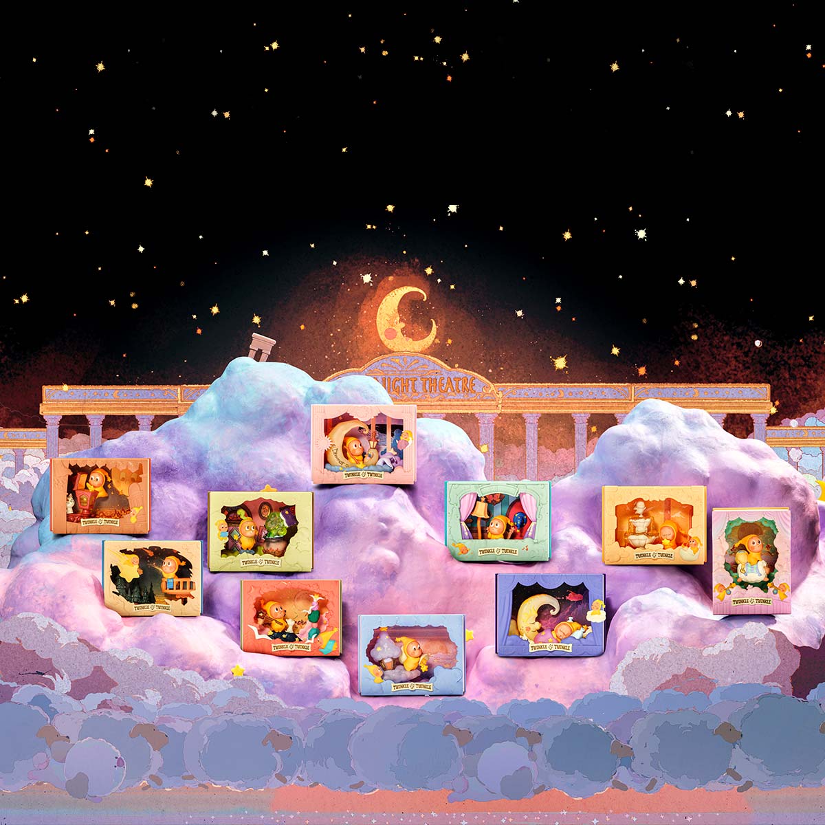 Twinkle Twinkle Light Up Series Scene Sets: Enchanted puppet-theater display with ten diorama boxes, featuring mini fairy-tale scenes under a starry Night Theatre sky.