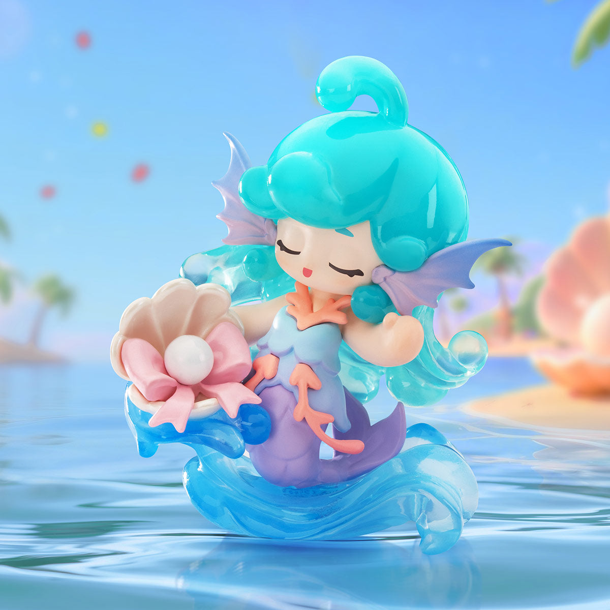 Preorder Honor of Kings Baby Heroes-Gratitude Season figure: mermaid figurine with aqua hair, lilac tail, holding a pearl in a shell, floating on a blue wave.