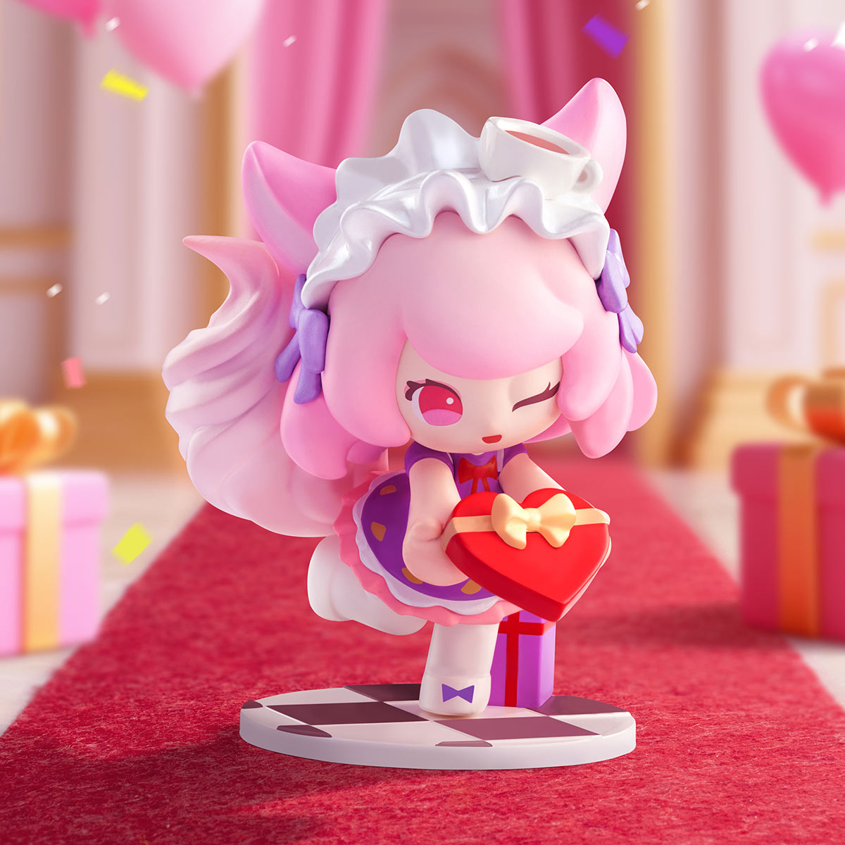 Chibi-style figurine of pink-haired, cat-eared girl kneeling, holding heart-shaped box. Part of Honor of Kings Baby Heroes-Gratitude Season Series Figures - Preorder.