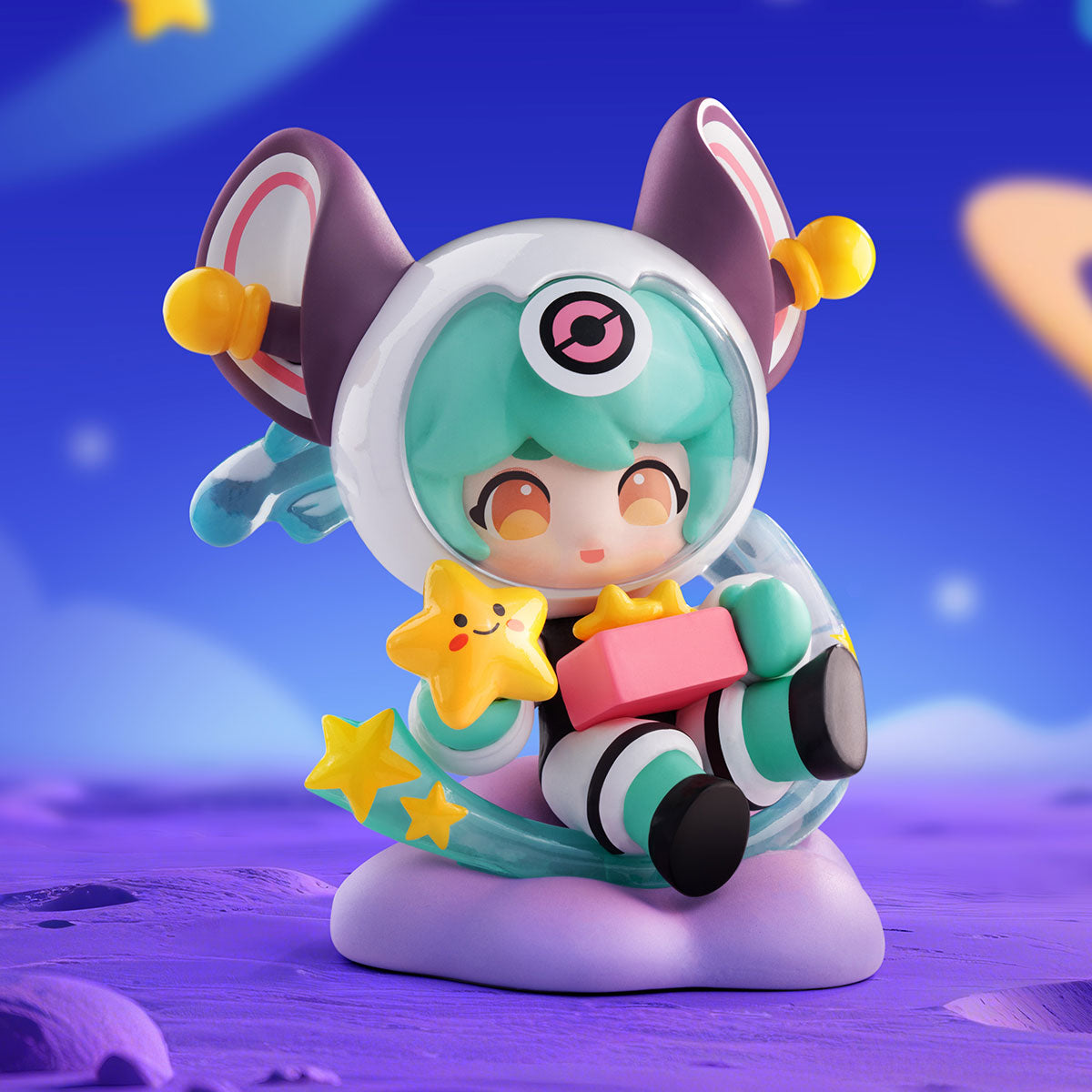 Chibi 3D figurine from Honor of Kings Baby Heroes-Gratitude Season, featuring mint-green hair, cat-ear helmet, and holding a star and gift in a space-themed setting.