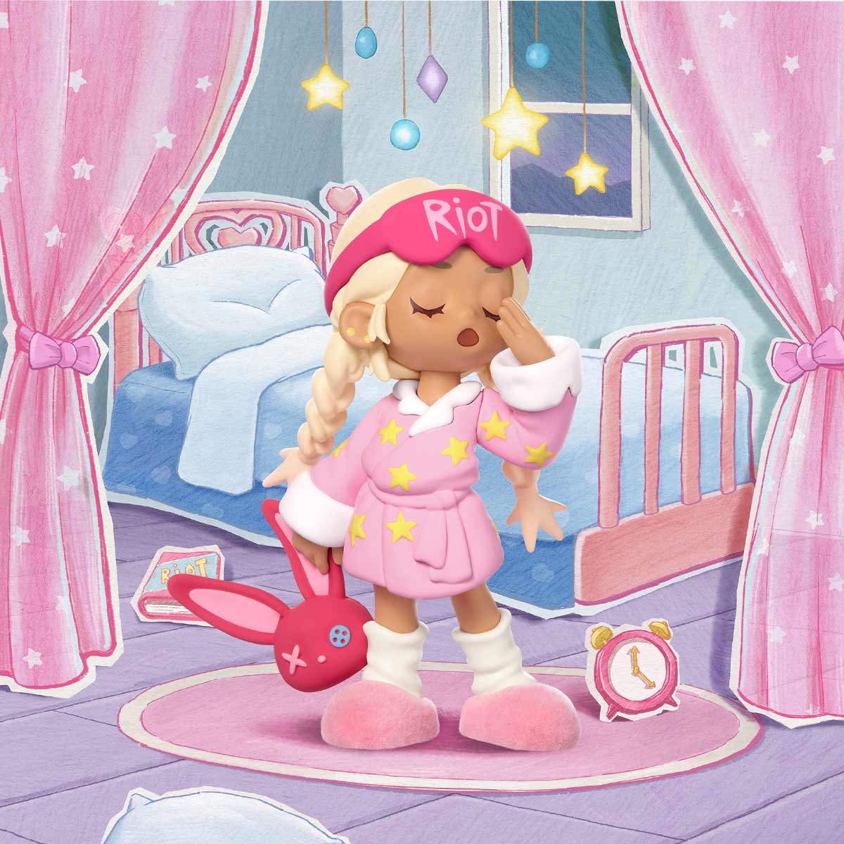 Lil Peach Riot Sleepover Series Figure: A yawning girl in a pink robe holds a bunny, surrounded by bedtime decor. Preorder for September 2025 shipment.