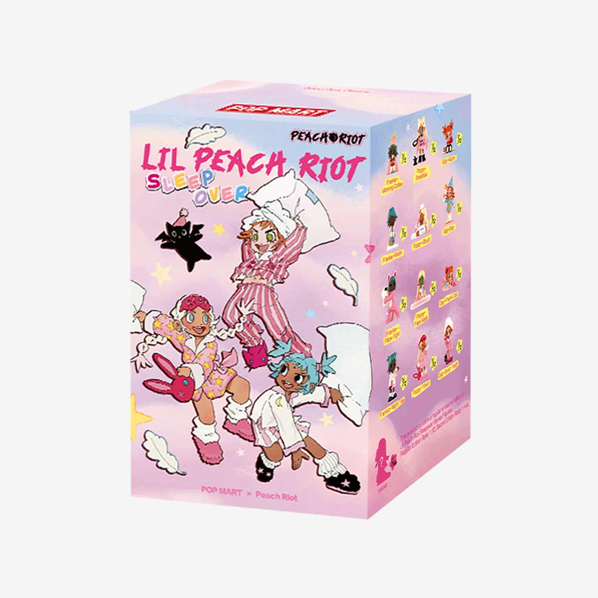 Lil Peach Riot Sleepover Series Figures - Preorder: Pastel packaging featuring chibi girls in pajamas, part of a blind-box vinyl figure collection with 12 designs and 1 secret.