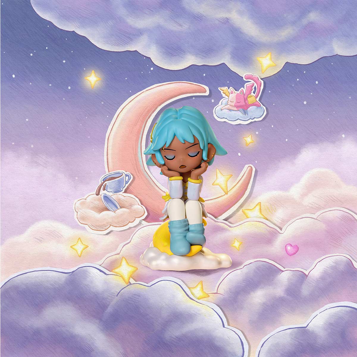 Lil Peach Riot Sleepover Series Figure on crescent moon with teal hair, surrounded by dreamy clouds and stars. Preorder from Strangecat Toys' unique collection.