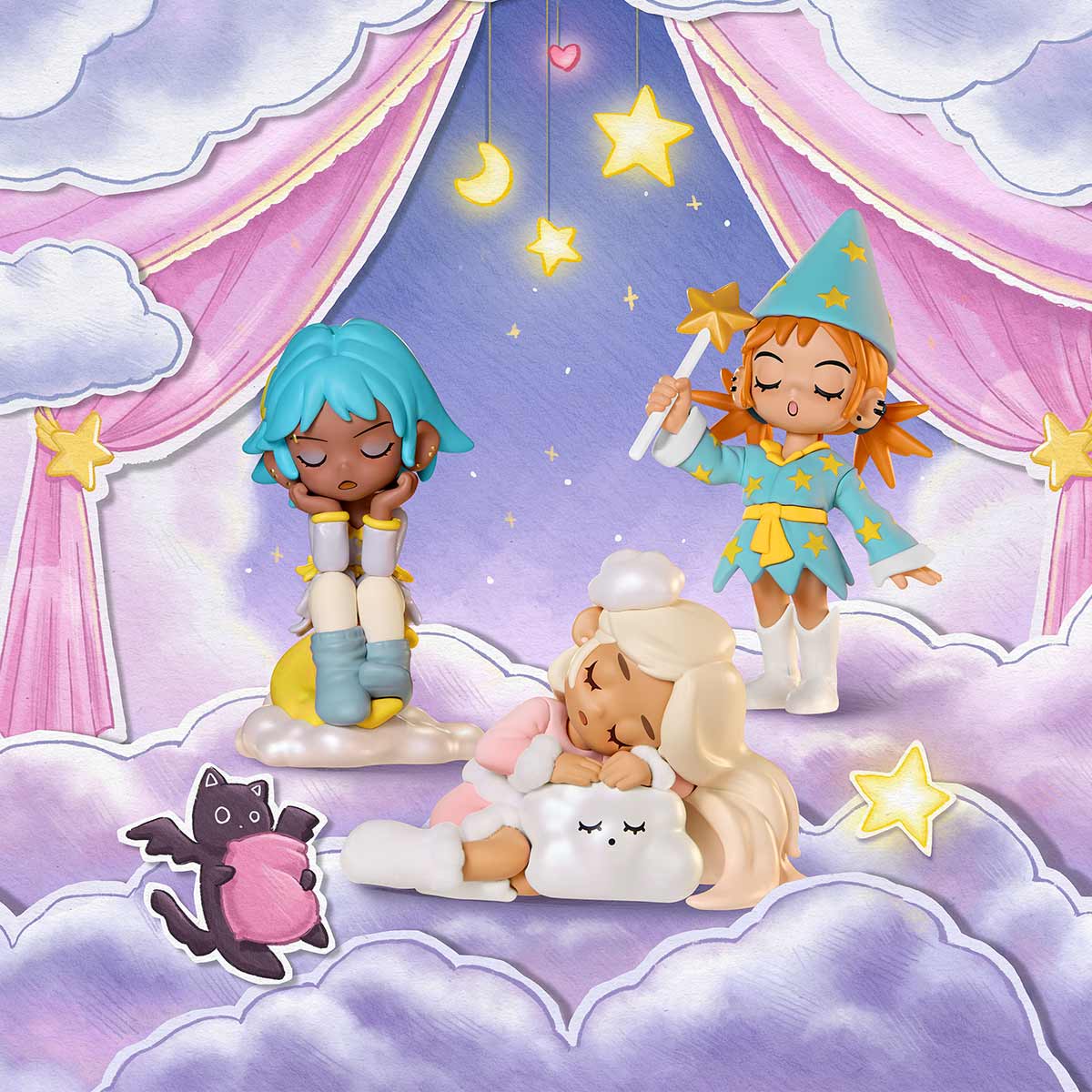Lil Peach Riot Sleepover Series Figures - Preorder, featuring whimsical chibi characters in dreamy bedtime poses, available as a blind box set from Strangecat Toys.