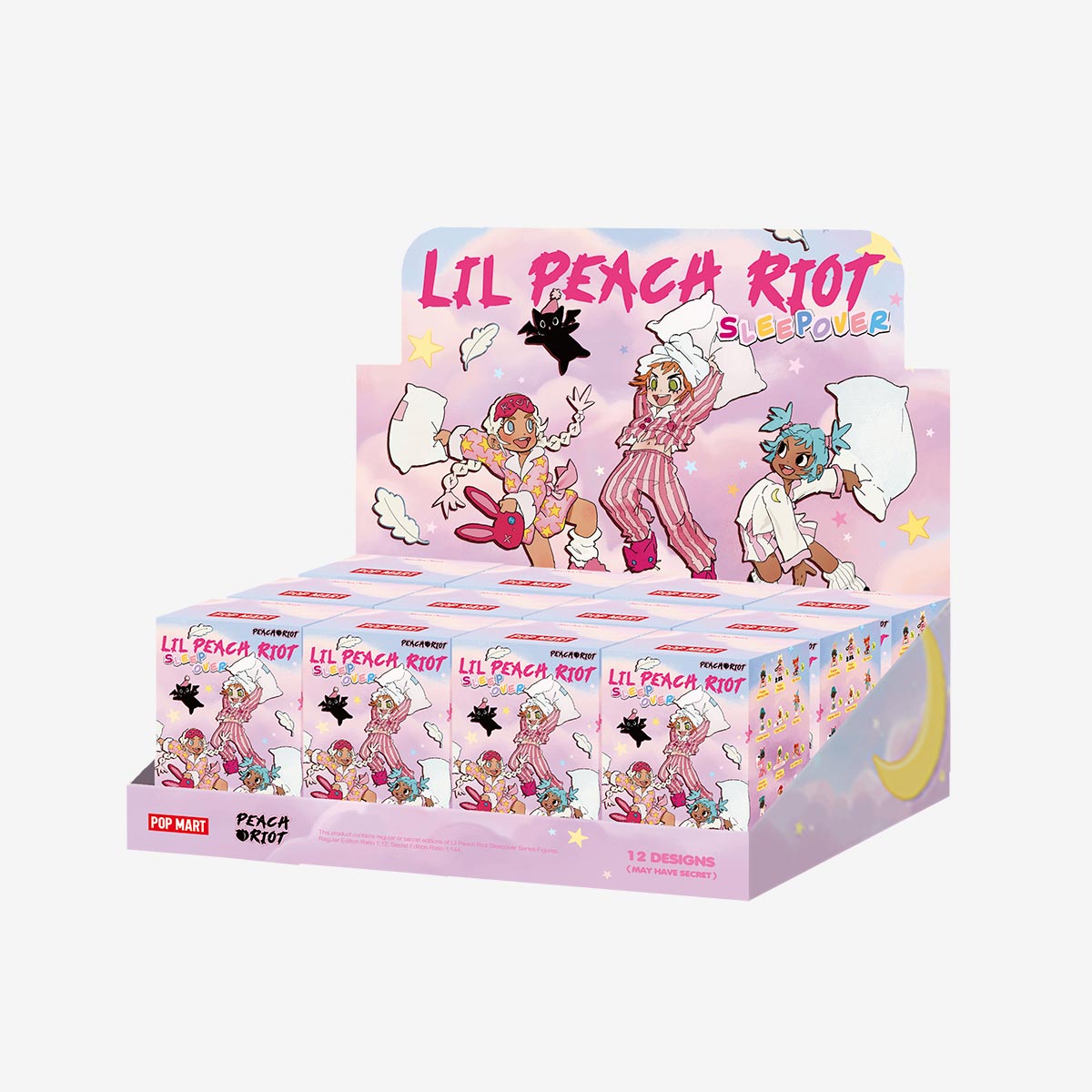 Lil Peach Riot Sleepover Series Figures - Preorder features chibi-style characters in pajamas and a cat, available in a pastel pink box with 12 designs plus a secret.
