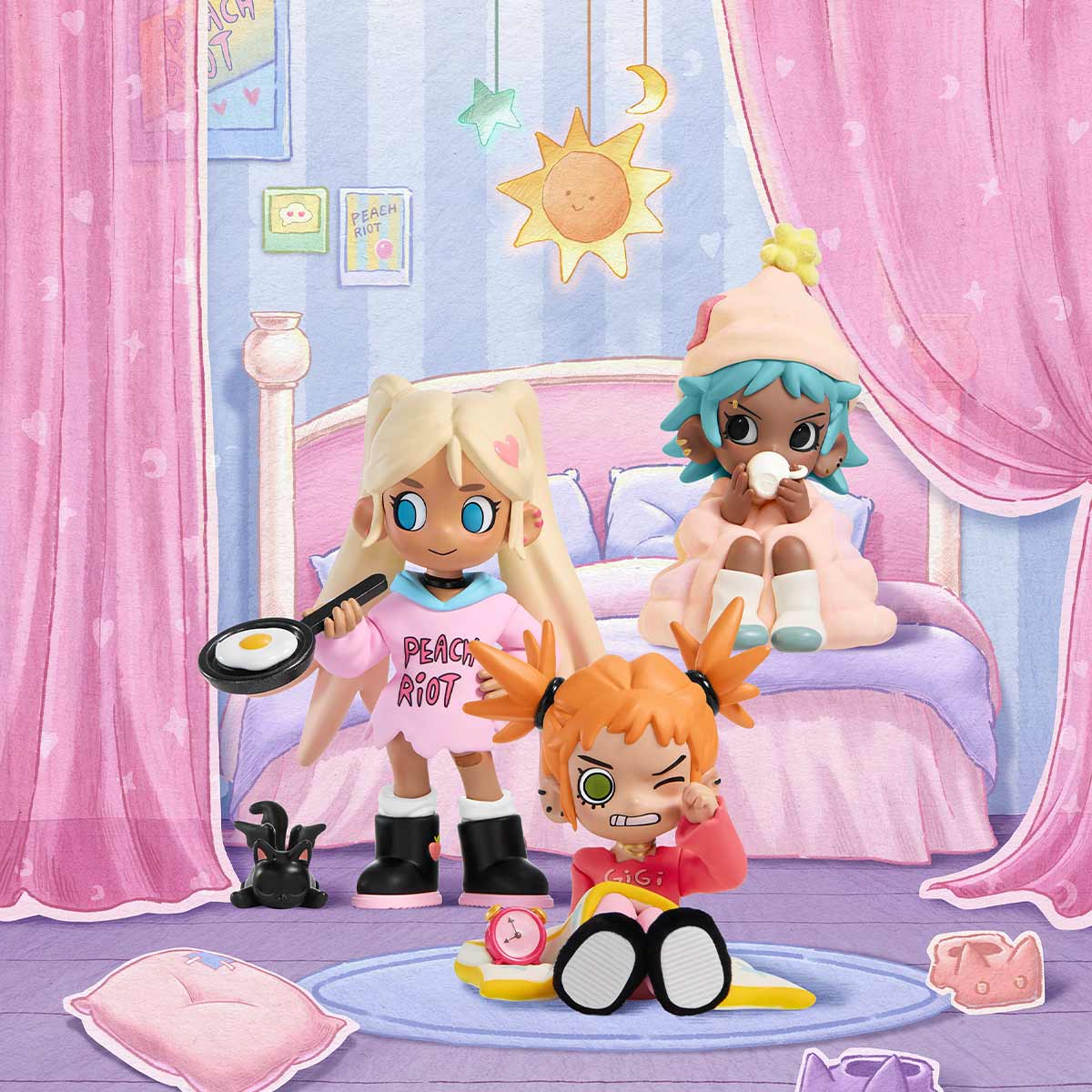 Lil Peach Riot Sleepover Series Figures, featuring three stylized collectible characters in a playful bedroom scene, available for preorder.