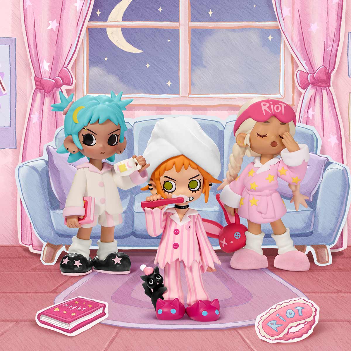 Lil Peach Riot Sleepover Series Figures, featuring three cartoon figures in pajamas with accessories, available for preorder, part of a 12-design collection.