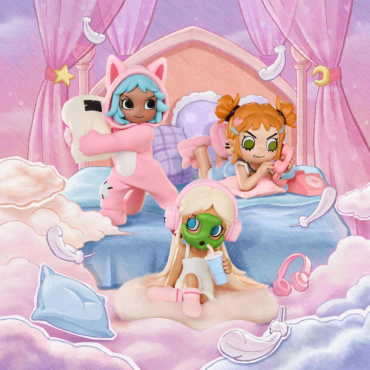 Lil Peach Riot Sleepover Series Figures depict a playful slumber party with chibi characters, capturing a whimsical, collectible art toy vibe. Preorder for a surprise element.