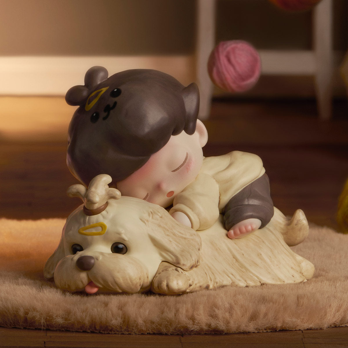 DIMOO The Missing Day Series Figures - Preorder: A child napping on a fluffy dog, handcrafted with soft features, perfect for Strangecat Toys' art toy collection.
