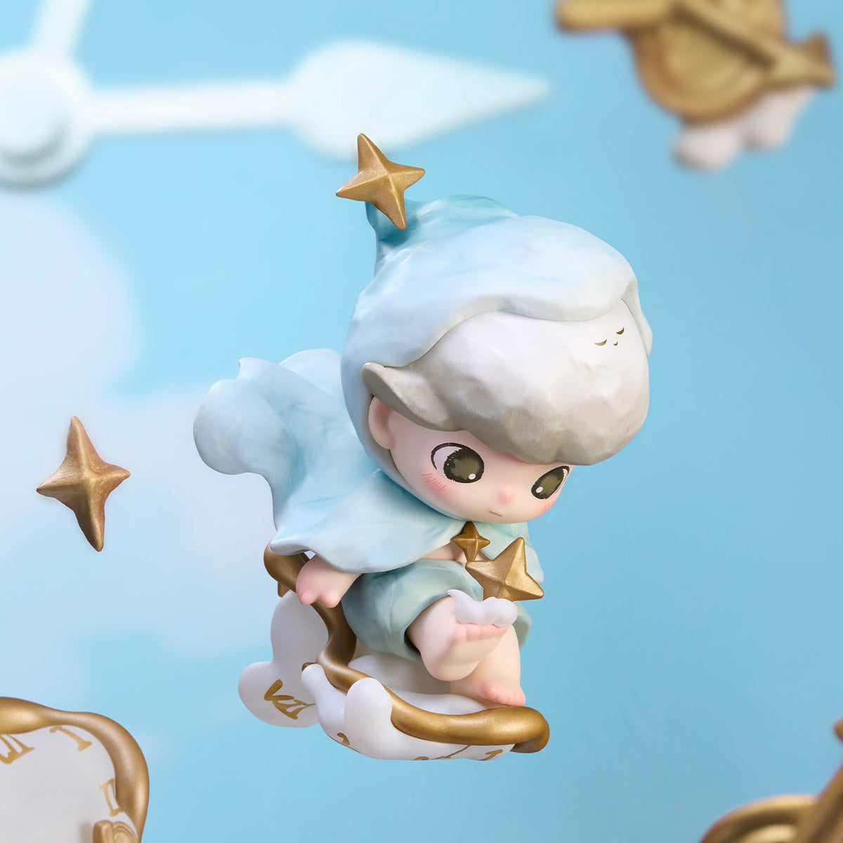 DIMOO The Missing Day Series Figures - Preorder: Chibi-style figure on a cloud with gold stars and clock motifs, capturing a dreamy, timeless essence.