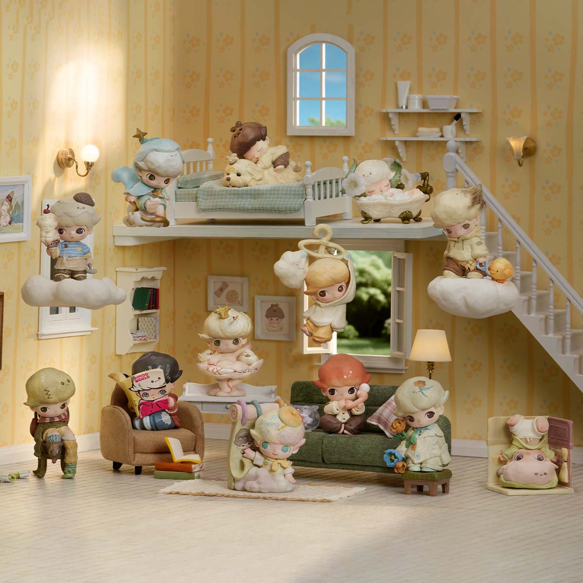 DIMOO The Missing Day Series Figures - Preorder: A whimsical two-story diorama with pastel figurines in playful scenes, perfect for collectors.
