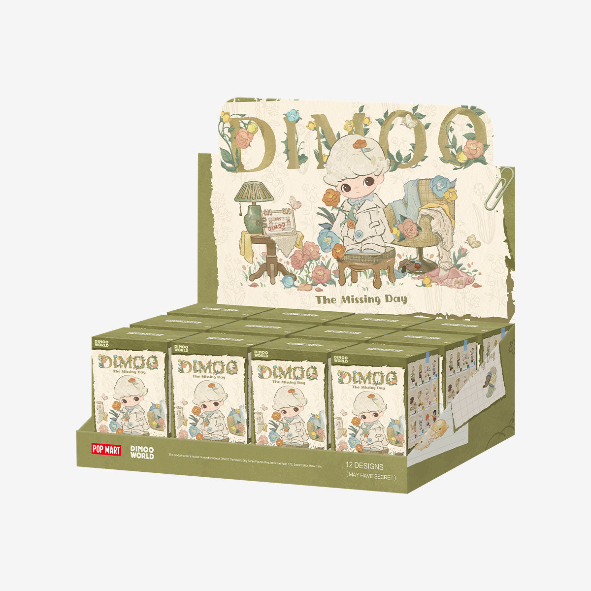 DIMOO The Missing Day Series Figures - Preorder; countertop display of 12 collectible blind-boxes featuring Dimoo characters with vintage decor. 12 designs, possibly including a secret.