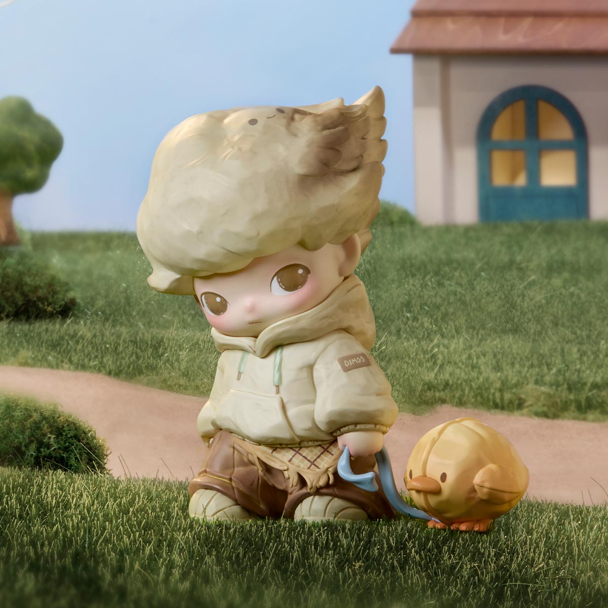 Chibi-style figure with oversized hair and a yellow chick on a leash from DIMOO The Missing Day Series Figures - Preorder.