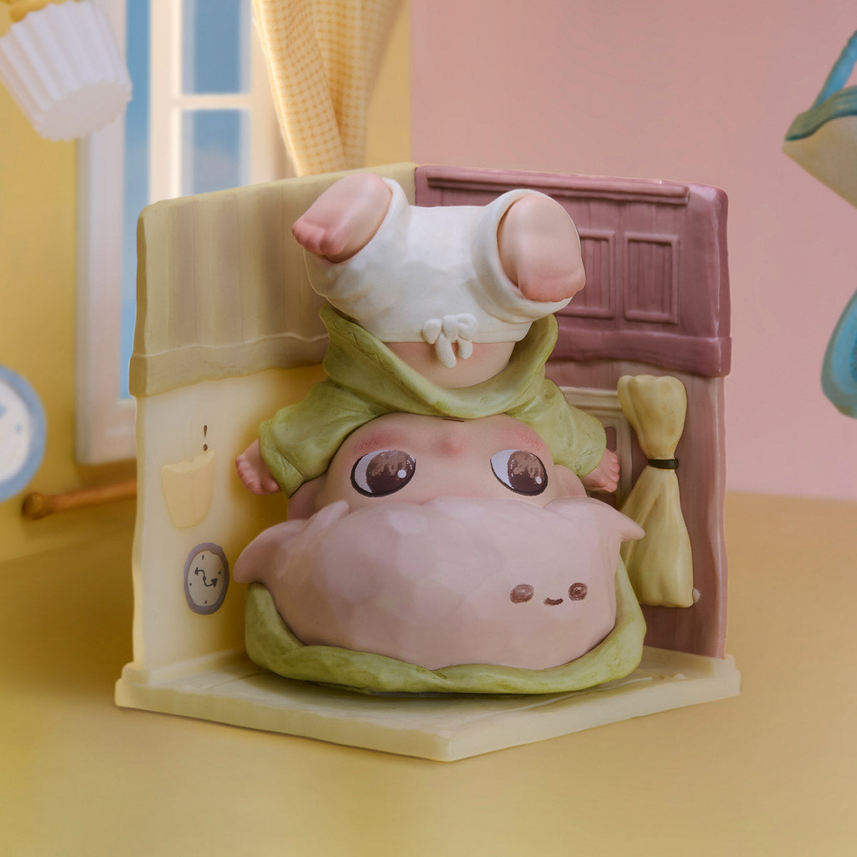 DIMOO The Missing Day Series Figures - Preorder: A cute pastel diorama features a character doing a headstand in a miniature room with patterned walls and furniture.
