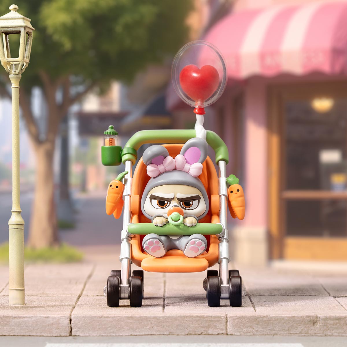 Disney Zootopia: Next Adventure Series Figures - Preorder. Grumpy character in bunny outfit in stroller with carrot toys, heart balloon overhead.