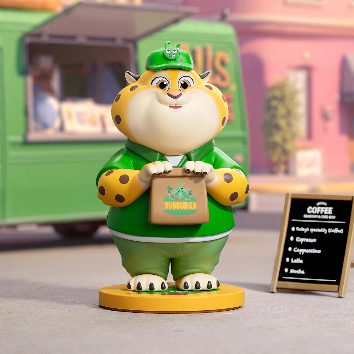 Disney Zootopia: Next Adventure Series Figure featuring a cartoon cheetah in a green uniform, holding a BUGBURGA bag in front of a food truck.
