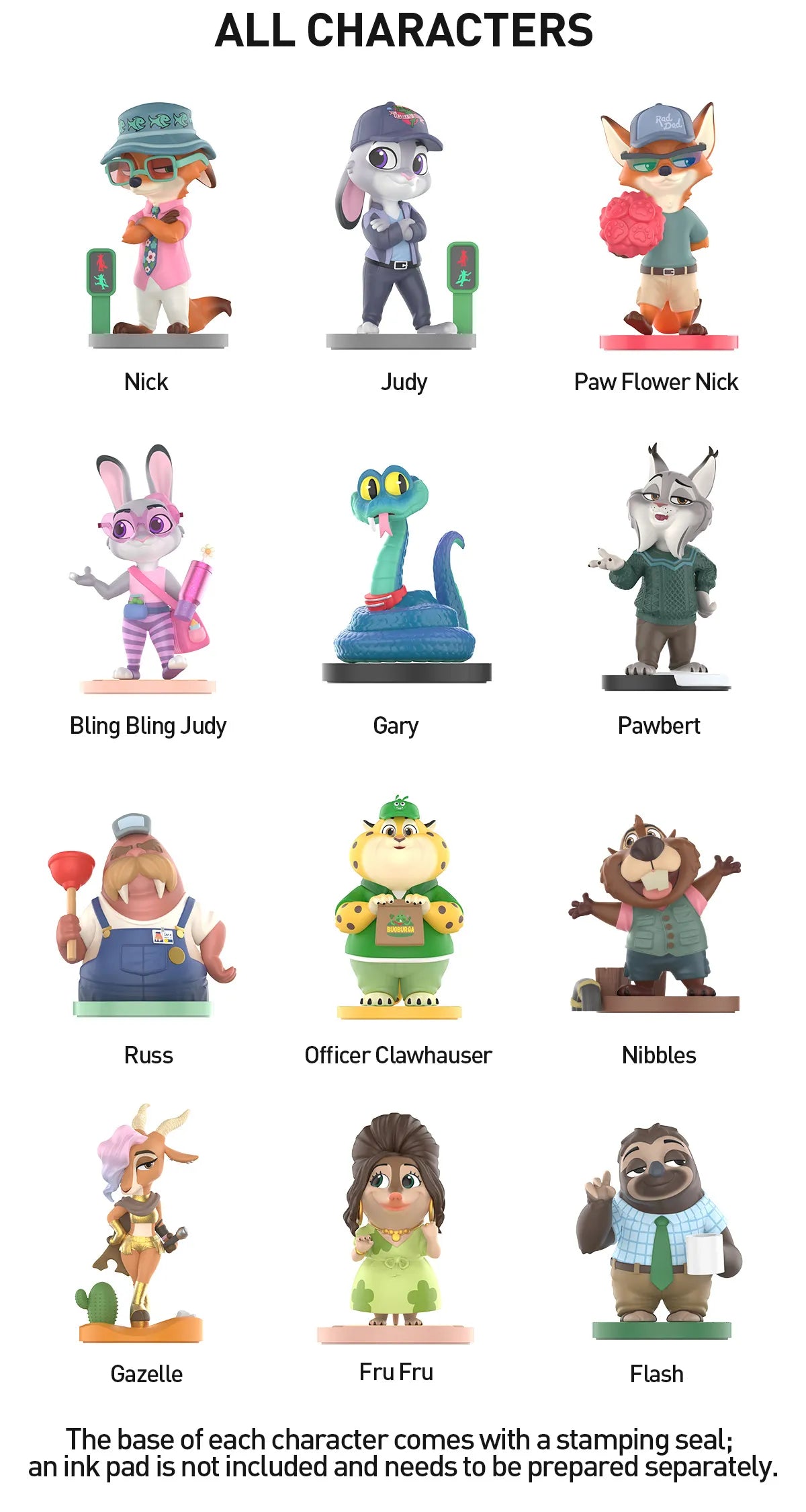 Disney Zootopia: Next Adventure Series Figures - Preorder lineup of 12 collectible character stamps, each with a built-in stamping seal, ink pad not included.