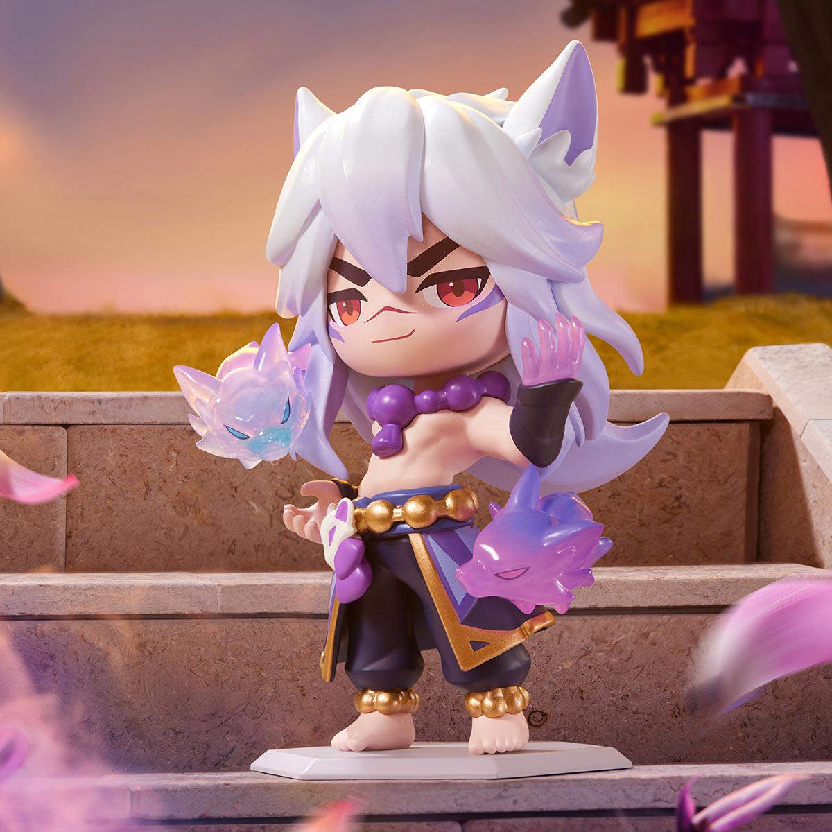 Chibi figure from Fight For the Golden Spatula Chibi Series II, featuring a white-haired, anime character with spirit orbs, available for preorder at Strangecat Toys.