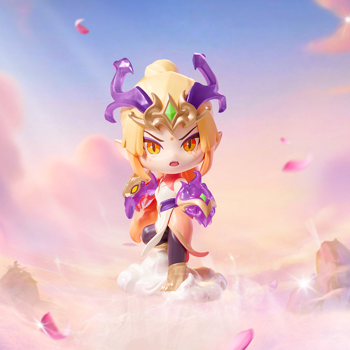 Chibi elf figurine with golden circlet, dragon-themed gauntlets, and flowing outfit, part of Fight For the Golden Spatula Chibi Series II preorder collection.
