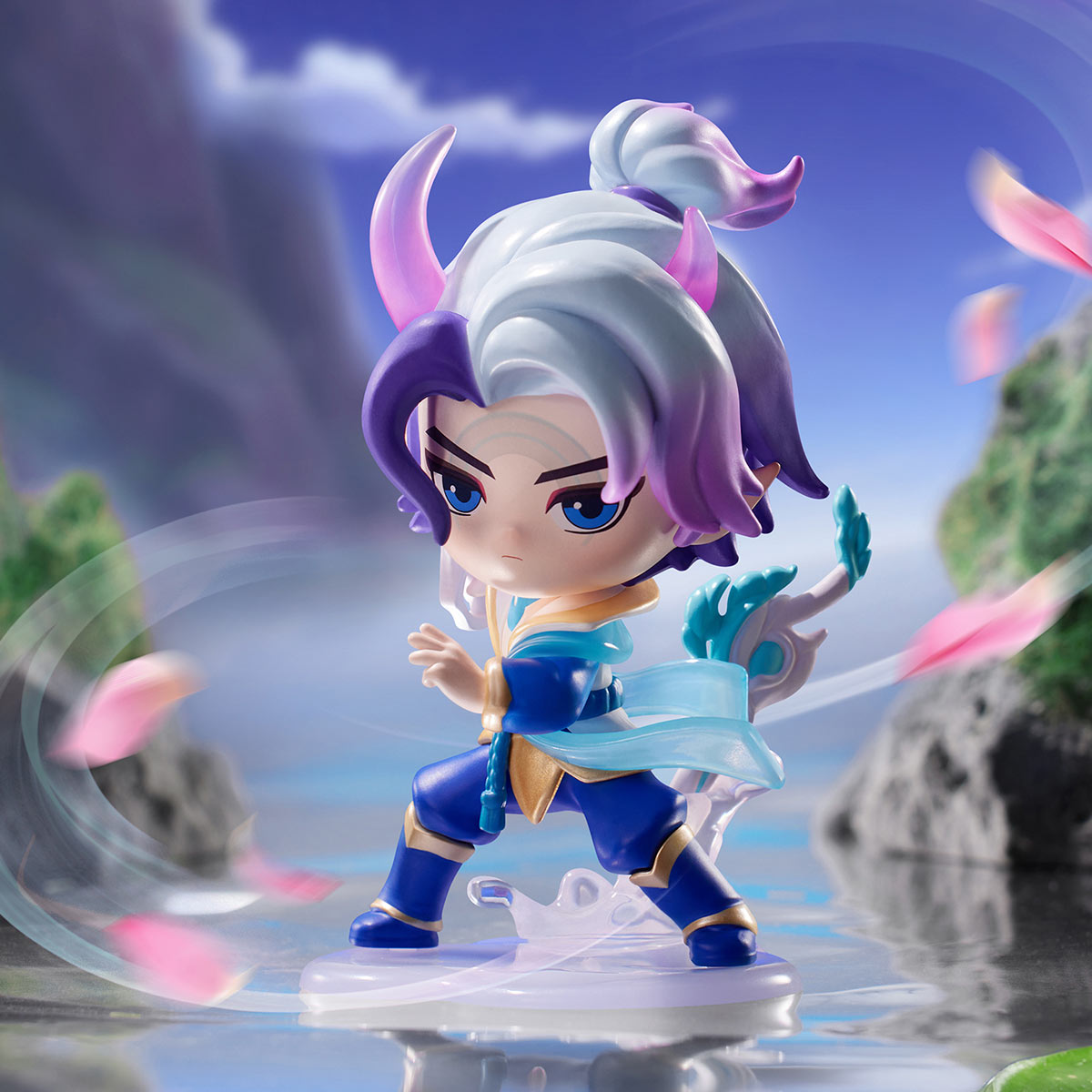 Fight For the Golden Spatula Chibi Series II figure in dynamic martial arts pose, lavender topknot, pink horns, preorder from Strangecat Toys.