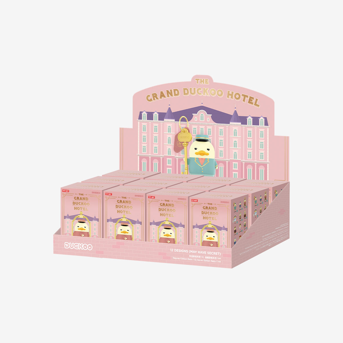 The Grand DUCKOO Hotel Series Figures - Preorder display features 12 blind-box toys, each containing one duck-themed figure, with a chance for a secret design.
