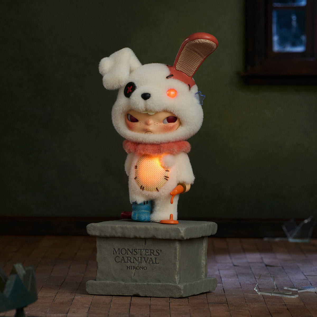 Hirono Monsters' Carnival Series Figure in bunny suit, glowing eye and stomach, with molten slime detail; preorder for November 2025 from Strangecat Toys.