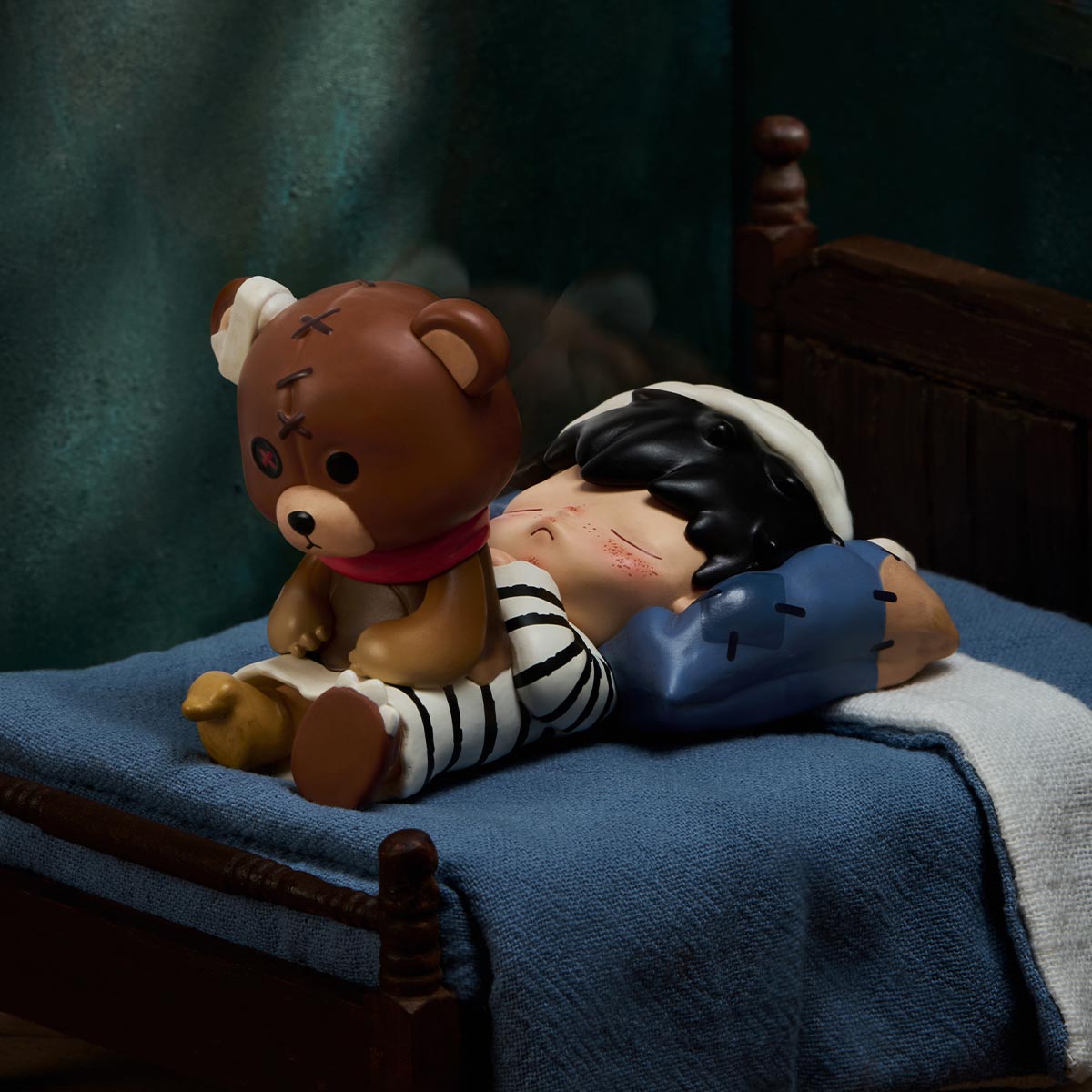 Hirono Monsters' Carnival Series Figure: Child in bed with teddy, preorder for November 2025. Part of a collectible set including 6 designs and 1 secret.