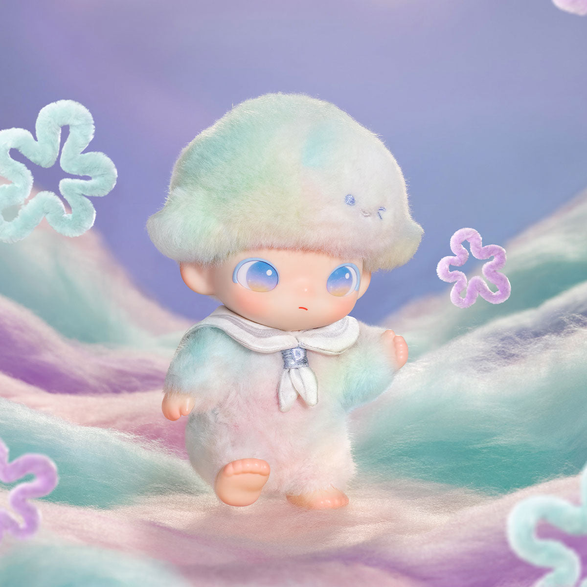DIMOO Journal of New Life Series: A vinyl plush pendant in a fluffy pastel-ombre suit with big blue eyes, set in a whimsical cloudlike landscape.