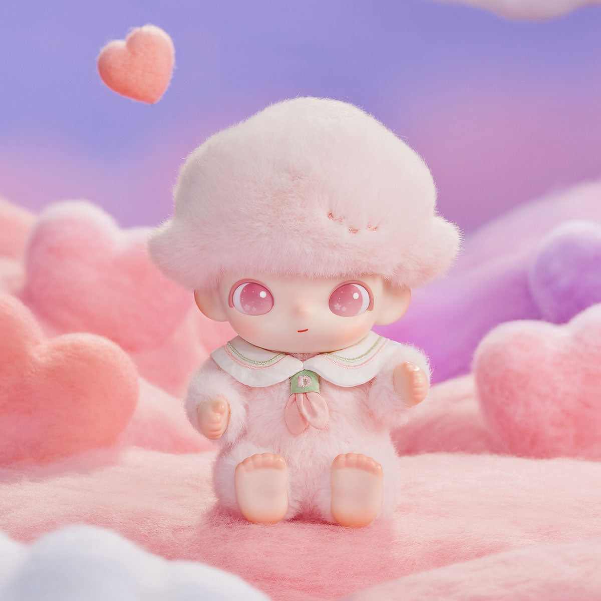DIMOO Journal of New Life Series vinyl plush pendant in pink fluff, oversized eyes, amidst pink clouds, part of a blind box collection from Strangecat Toys.