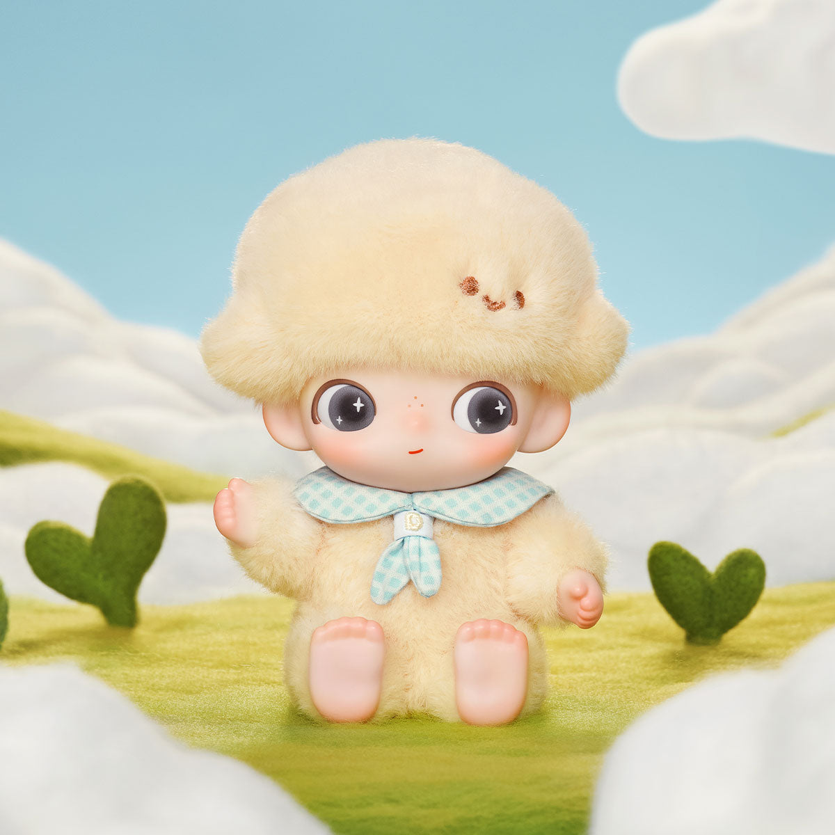 DIMOO Journal of New Life Series vinyl plush pendant on grassy surface, dressed in yellow with blue neckerchief. Dream-like setting. Preorder from Strangecat Toys.