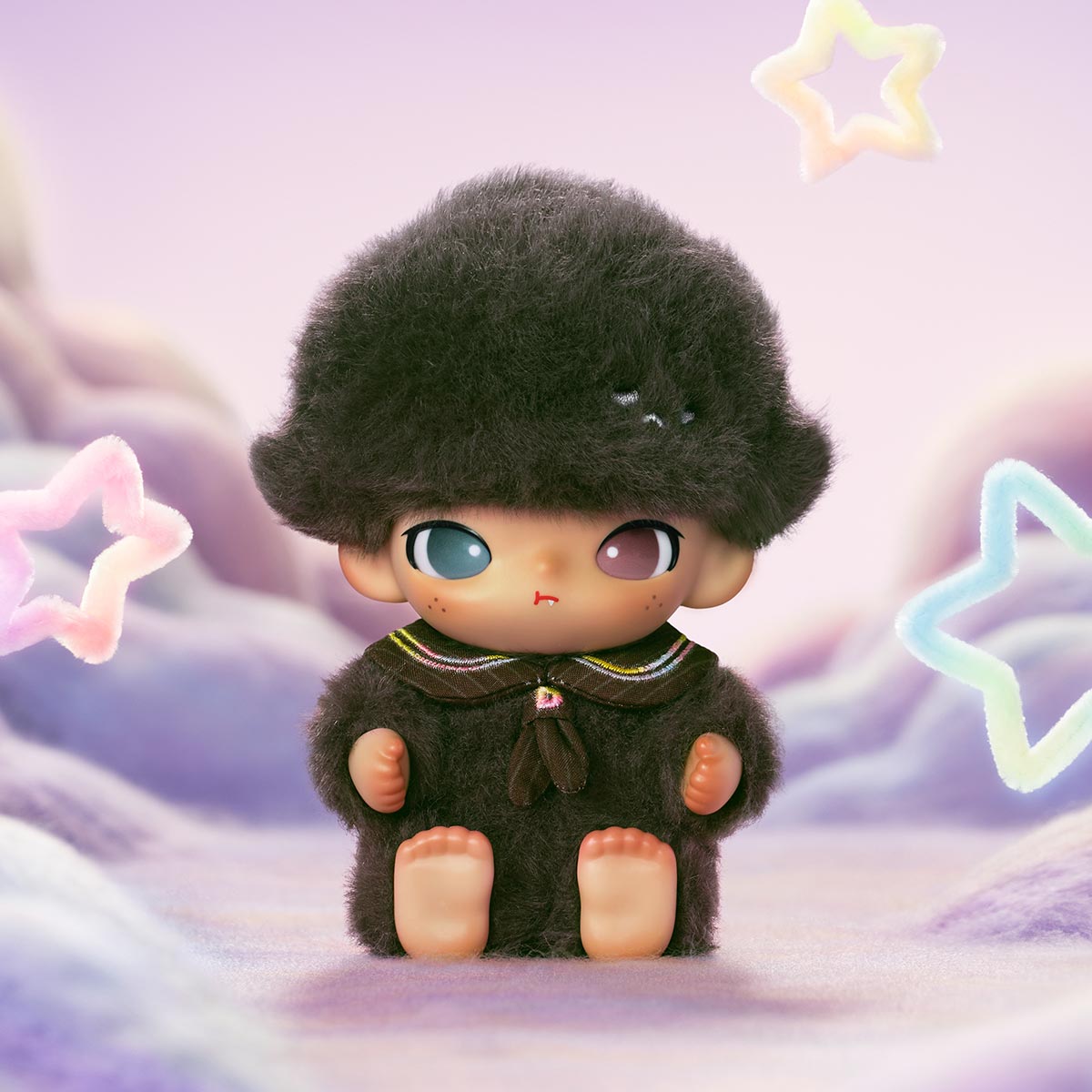 Chibi-style DIMOO Journal of New Life Series vinyl plush pendant with heterochromatic eyes and furry outfit, set in a whimsical dreamscape.