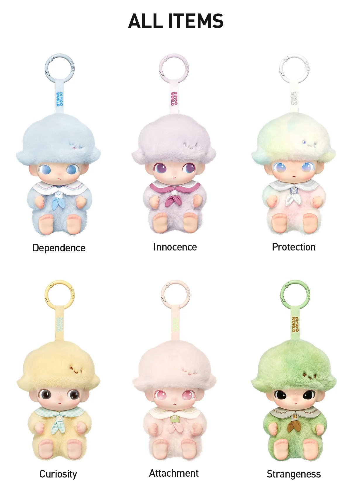 DIMOO Journal of New Life Series-Vinyl Plush Pendant Blind Box: Six pastel plush-doll keychains, each uniquely themed, available for preorder at Strangecat Toys.