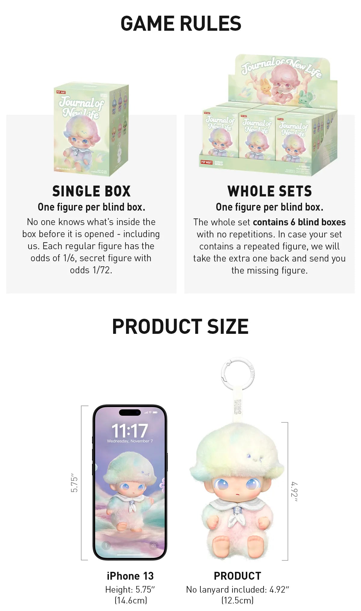 DIMOO Journal of New Life Series-Vinyl Plush Pendant Blind Box with 6 designs, 1 secret rare, shown beside an iPhone 13 for size comparison.
