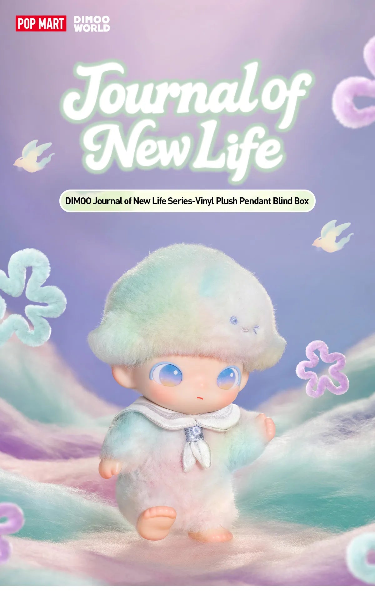 DIMOO Journal of New Life Series vinyl/plush character with sailor collar and tie-dyed hat, featured in Pop Mart's blind-box collectibles promotion.