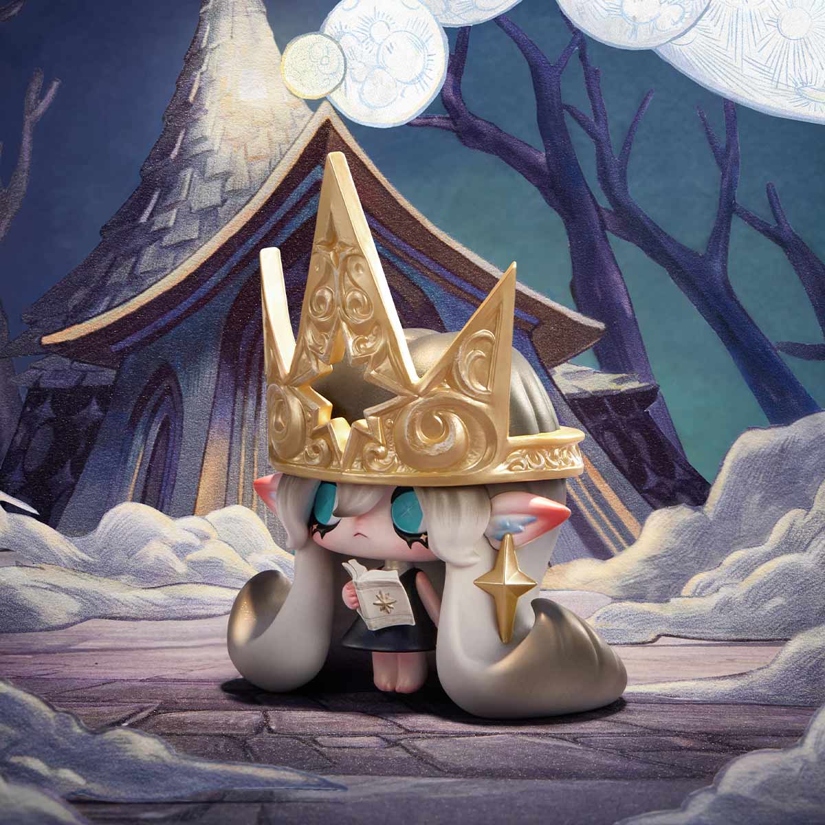 Chibi fantasy figure 1001MOONS - Moona Guardian of Stars with elf ears, silvery hair, and golden crown, holding a star-embossed book in a snowy clearing.