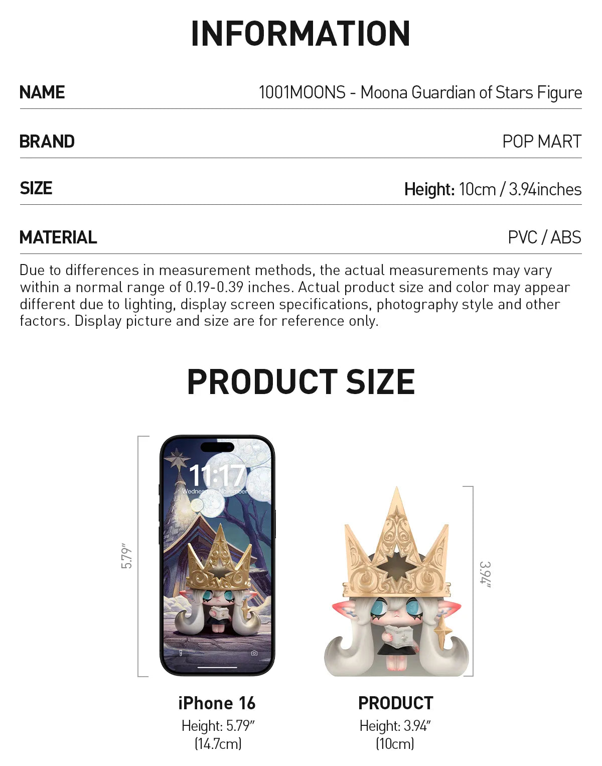 1001MOONS - Moona Guardian of Stars Figure, 10 cm tall vinyl toy by POP MART, shown next to an iPhone for scale; preorder available.