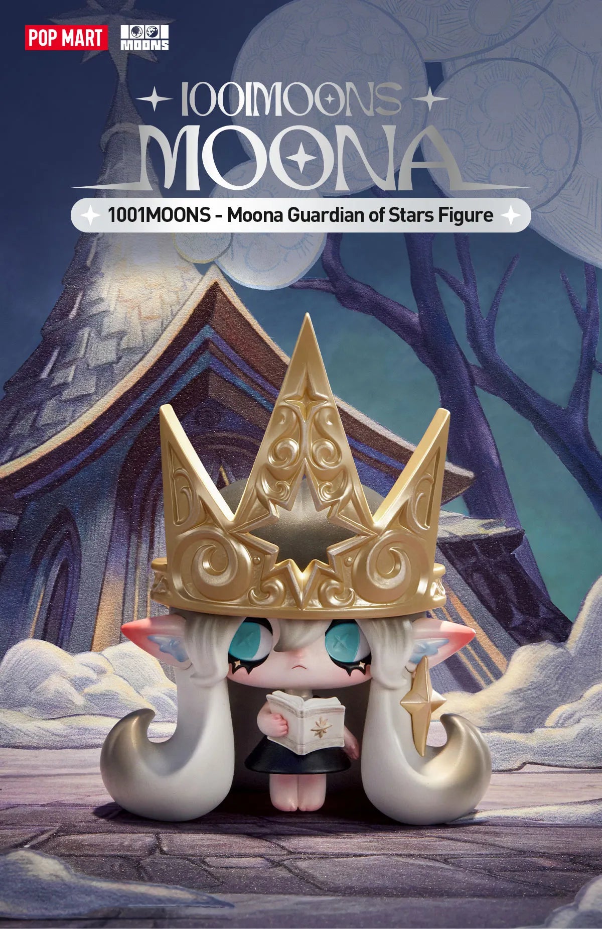 1001MOONS - Moona Guardian of Stars Figure with starry eyes, silver hair, gold crown, and book, set against a mystical castle backdrop.