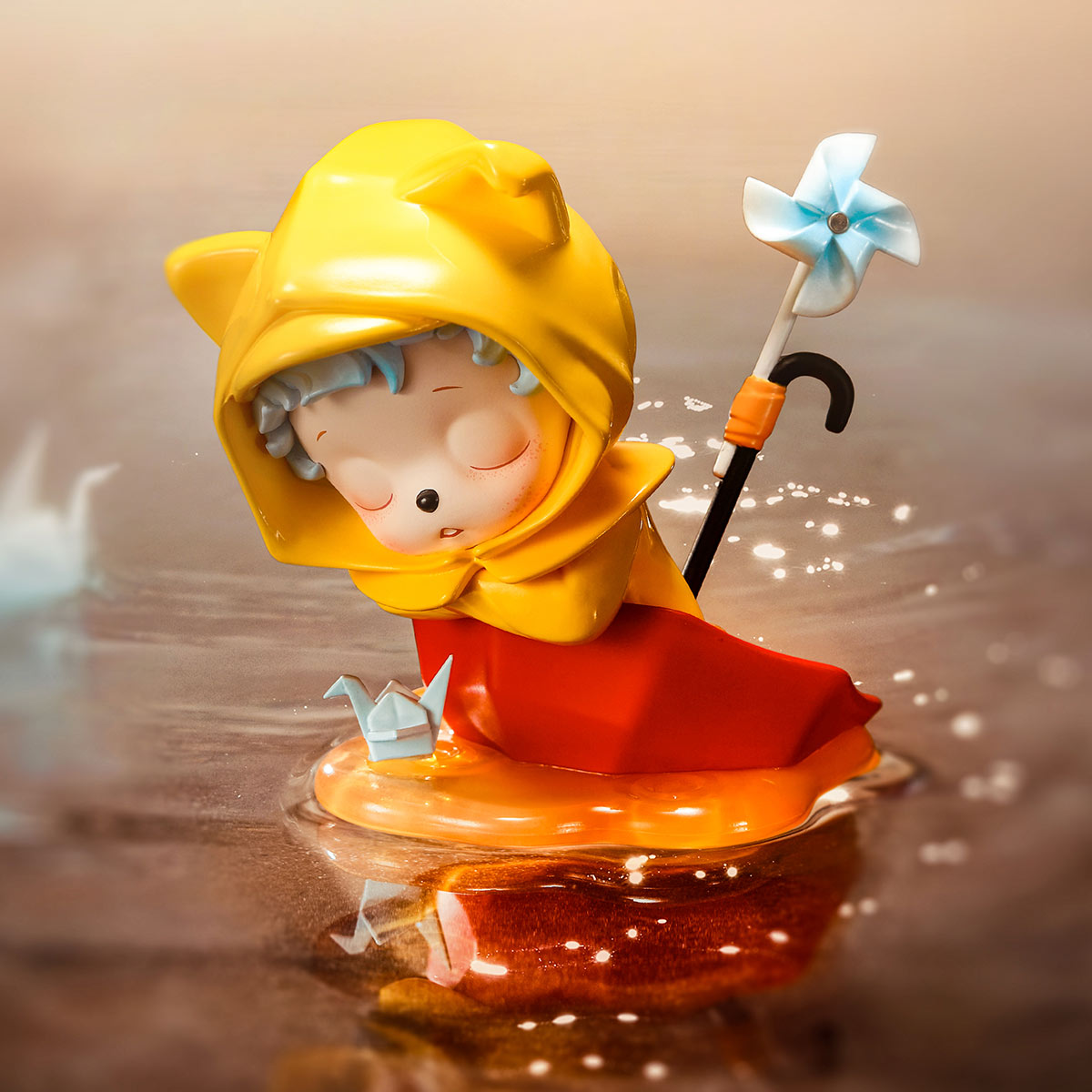 Inosoul The Forgotten Land Series figure: a child-like character in a yellow raincoat, kneeling on water with origami crane and pinwheel. Preorder now.