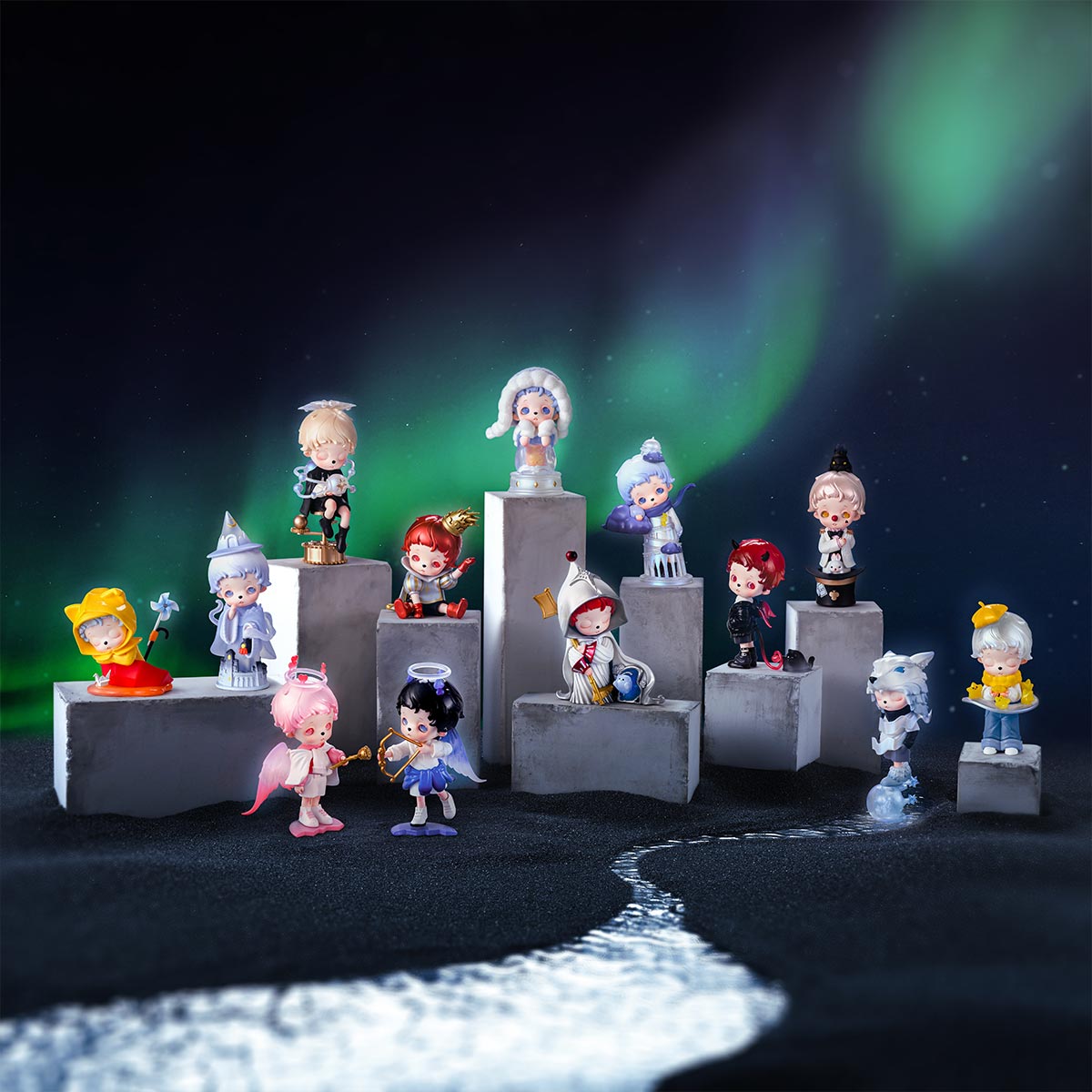 inosoul The Forgotten Land Series Figures - Preorder: A whimsical display of chibi fantasy figurines on pedestals, featuring angels, demons, and more against an aurora backdrop.