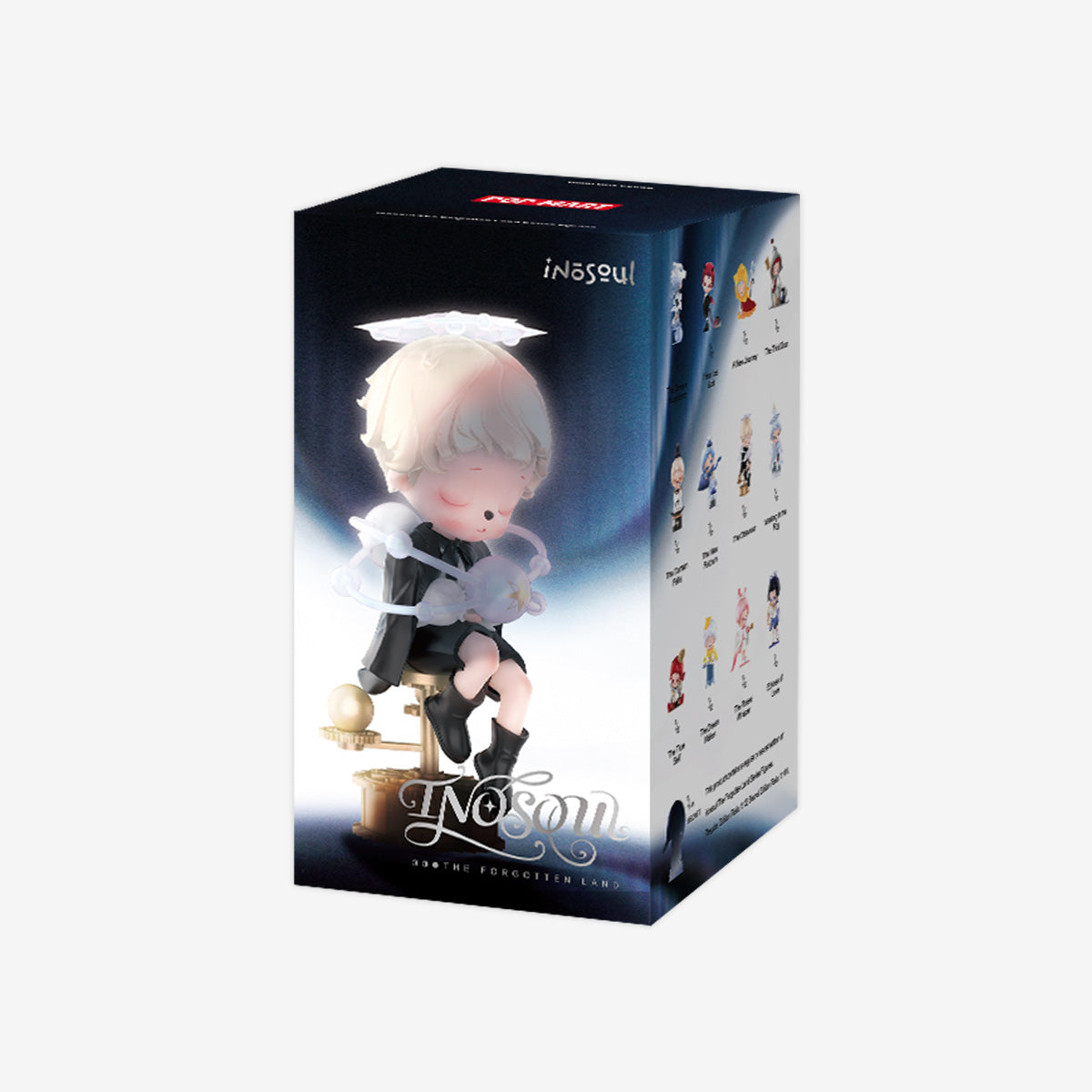Inosoul The Forgotten Land Series Figures - Preorder: Packaging features a chibi character with halo, on a stool, and series thumbnails.