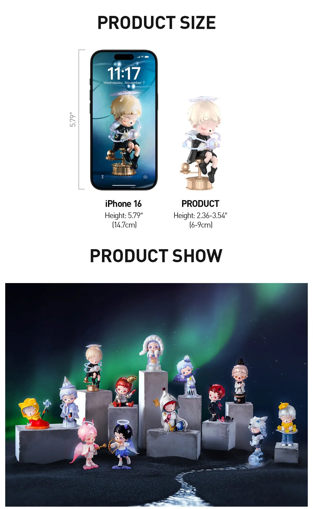 inosoul The Forgotten Land Series Figures - Preorder; size comparison with iPhone 16, showcasing 12 collectible cartoon-style figurines with unique themes, available for preorder.
