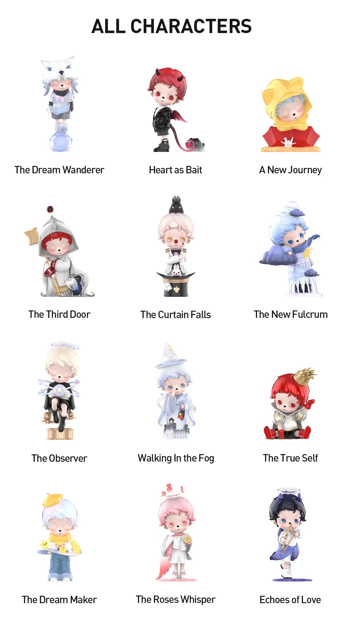 inosoul The Forgotten Land Series Figures - Preorder sheet featuring 12 stylized figurines, each uniquely themed, available for preorder.