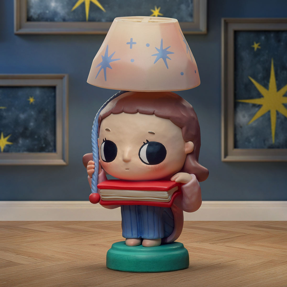 Nyota We are All Stars Series lamp features a cartoon girl holding a book, with a star-patterned shade, available for preorder at Strangecat Toys.