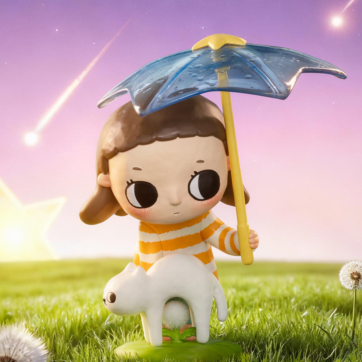 Nyota We are All Stars Series Figure featuring a cartoon girl with umbrella and cat in a whimsical field, available for preorder.