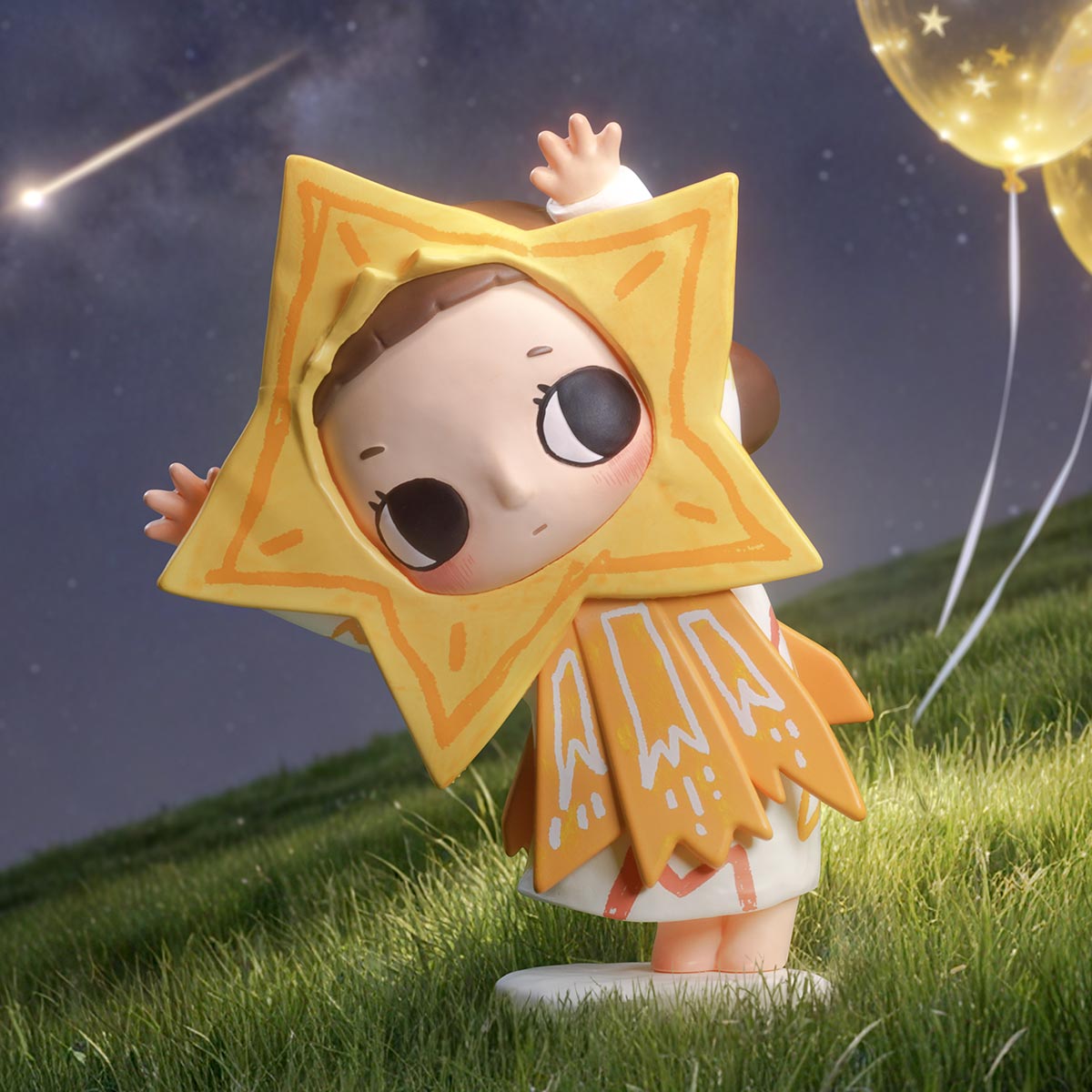 Nyota We are All Stars Series Figure: A 3D child figure in a star costume, barefoot on grass, with balloons and a shooting star above. Preorder available.