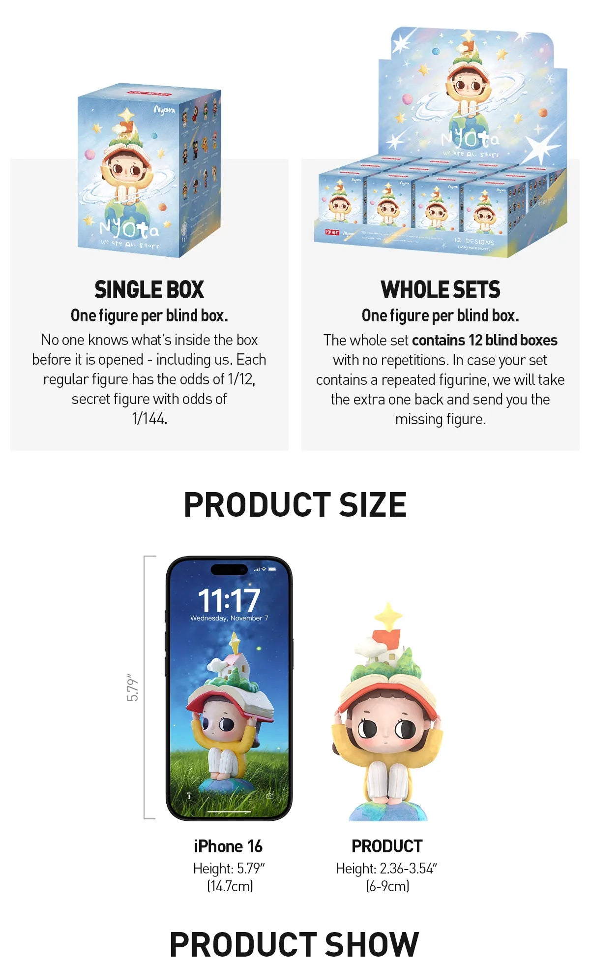 Nyota We Are All Stars Series Figures - Preorder: Blind-box collectibles featuring 12 designs, 1 secret. Includes odds, size comparison, and purchase options.